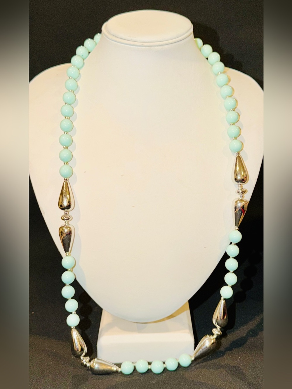 Vintage Aqua Beaded Necklace Silver Tone Teardrops 28” Statement Jewelry - Picture 5 of 5